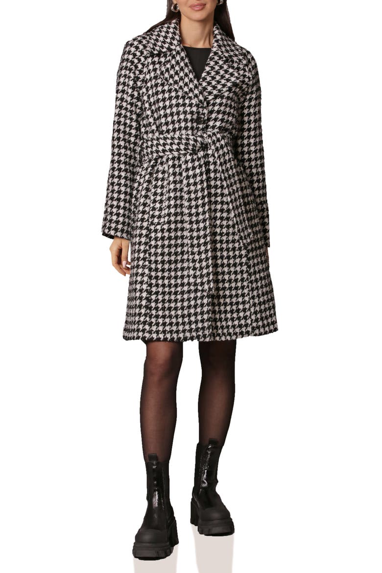 Belted Houndstooth Raglan Sleeve Coat, Main, color, BLACK/ WHITE HOUNDSTOOTH