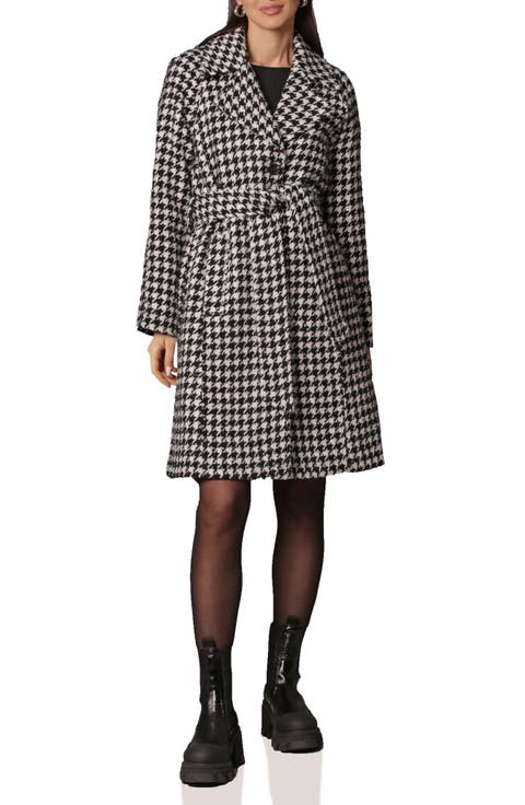 Belted Houndstooth Raglan Sleeve Coat