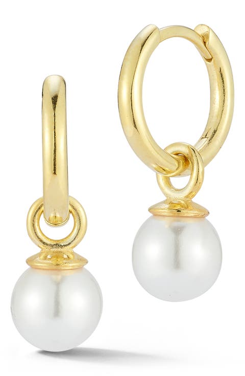 14K Gold Plated Sterling Silver 7.5–8mm Cultured Pearl Drop Huggie Hoop Earrings