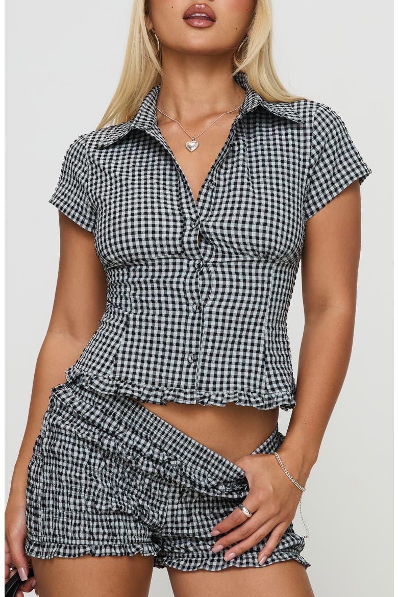 Covey Check Smocked Puff Sleeve Crop Shirt, Main, color, BLACK MULTI