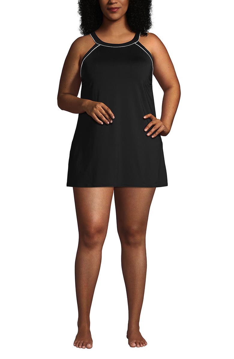 Lands' End Plus Size DD-Cup Chlorine Resistant High Neck Swim Dress One Piece Swimsuit Adjustable Strap, Alternate, color, Black/White