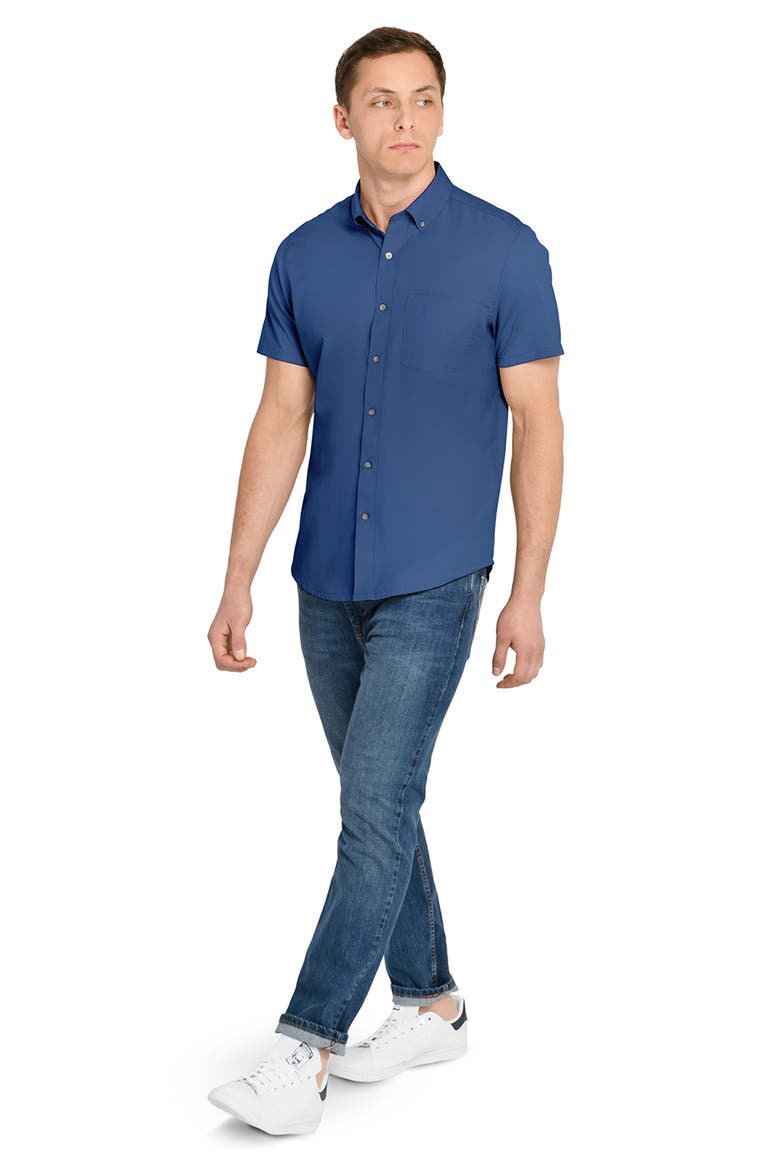 Hudson Reworked Slim Fit Solid Short Sleeve Cotton Button-Up Shirt, Alternate, color, MED BLUE