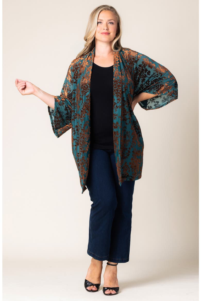 Dahlia Burnout Velvet Cardigan, Alternate, color, TEAL BURNISHED BRANCHES