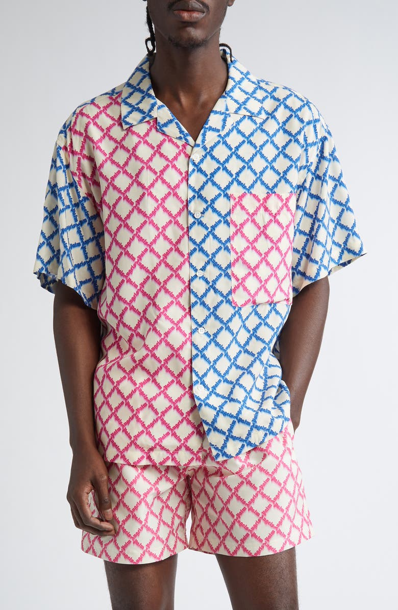 Palm Angels Colorblock Net Logo Bowling Shirt, Main, color, 