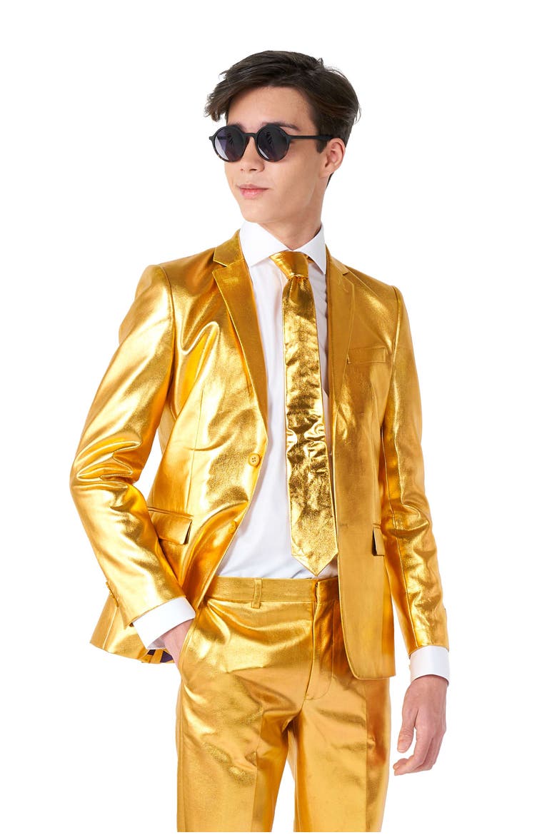 Kids' Groovy Golden Metallic Two-Piece Suit & Tie, Alternate, color, GOLD