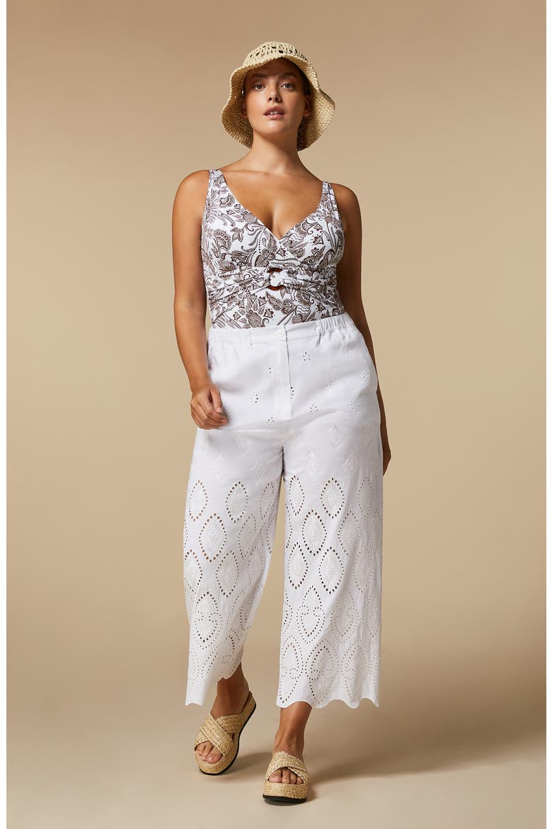 Aggravi Embroidered Wide Leg Linen Pants, Alternate, color, MILK