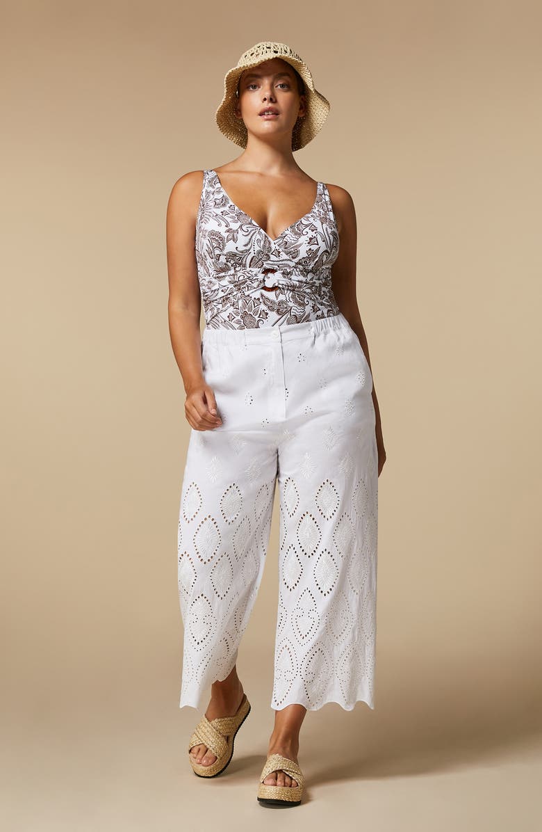 Marina Rinaldi Aggravi Embroidered Wide Leg Linen Pants, Alternate, color,