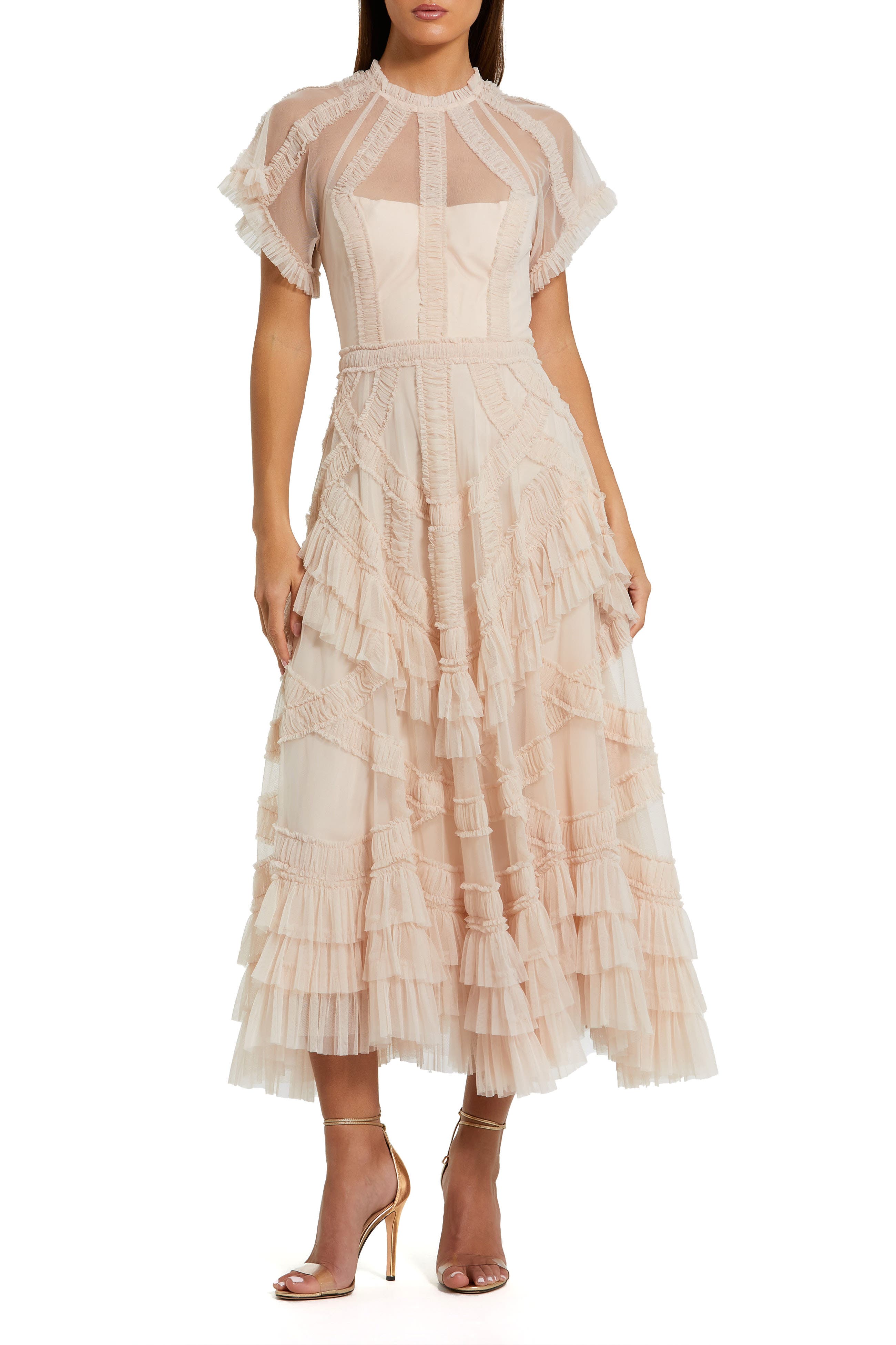Flutter Sleeve Micro Ruffle Mesh Midi Dress