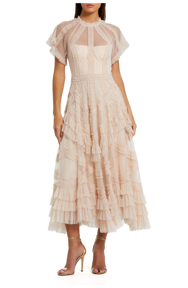 Mac Duggal Flutter Sleeve Micro Ruffle Mesh Midi Dress, Main, color, Blush