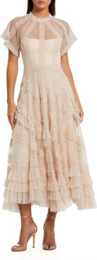 Mac Duggal Flutter Sleeve Micro Ruffle Mesh Midi Dress