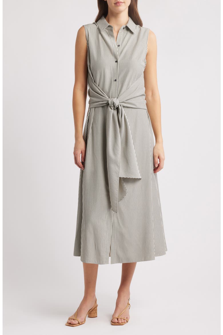 Sleeveless Front Waist Tie Midi Shirtdress, Main, color, CREAM BLACK