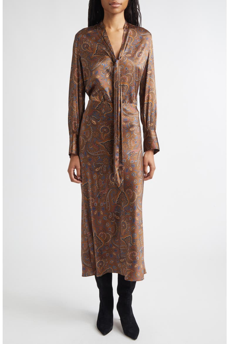 Francine Print Tie Neck Silk Blend Top, Alternate, color, WALNUT MULTI