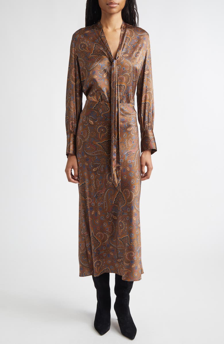 Veronica Beard Francine Print Tie Neck Silk Blend Top, Alternate, color, Walnut Multi