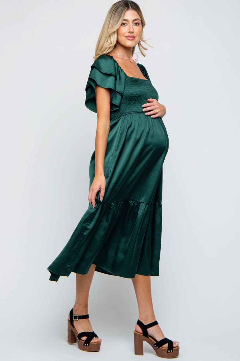 Satin Flutter Sleeve Midi Dress, Alternate, color, Forest Green
