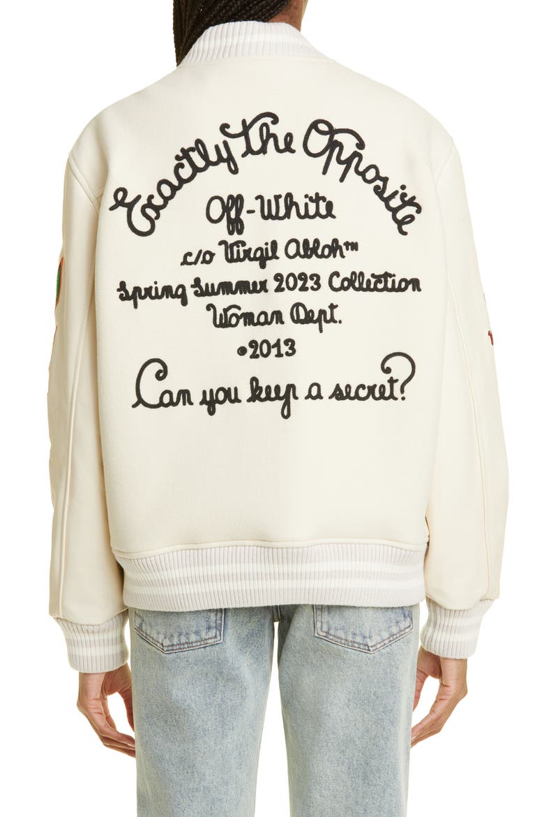 Embroidered Slogan Patch Wool Blend Varsity Jacket, Alternate, color, WHITE MULTICOLOR