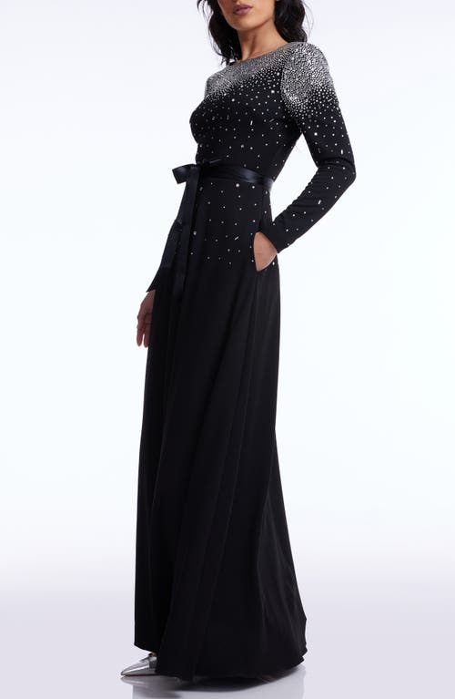 DRESS THE POPULATION DRESS THE POPULATION ACACIA RHINESTONE TIE WAIST LONG SLEEVE GOWN