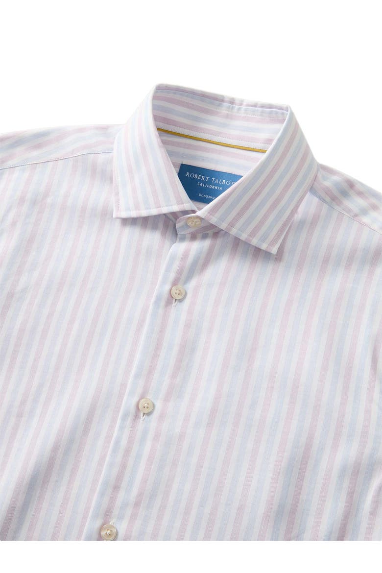 Reynolds Blue Multi Thin Stripe Cotton Linen Blend Shirt in Contemporary fit, Alternate, color, Raspberry