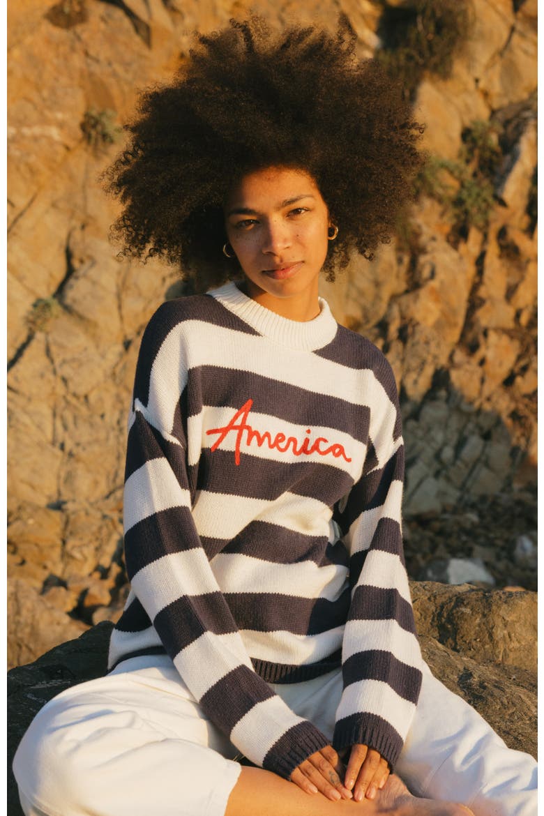 Sadie Crewneck Sweater America Stripes, Alternate, color, Navy / Ivory