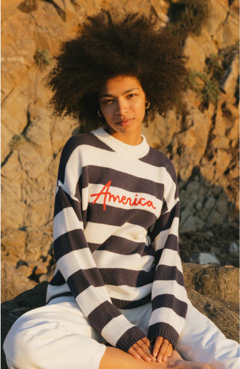 Ellsworth + Ivey Sadie Crewneck Sweater America Stripes, Alternate, color, Navy / Ivory