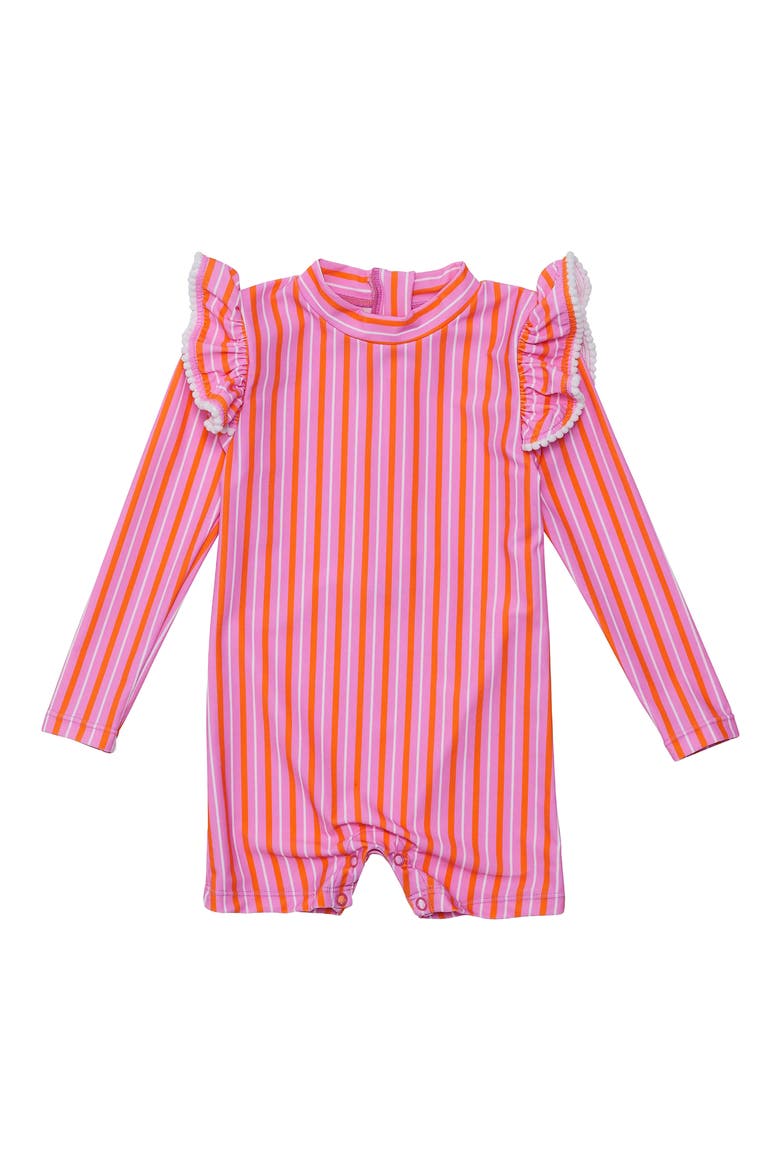 Stripy Sunset Long Sleeve One-Piece Rashguard Swimsuit, Main, color, PINK