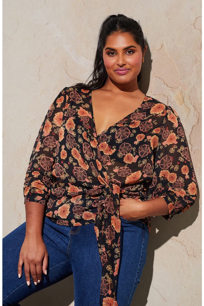 Golden Blooms Faux Wrap Blouse, Alternate, color, PRINT