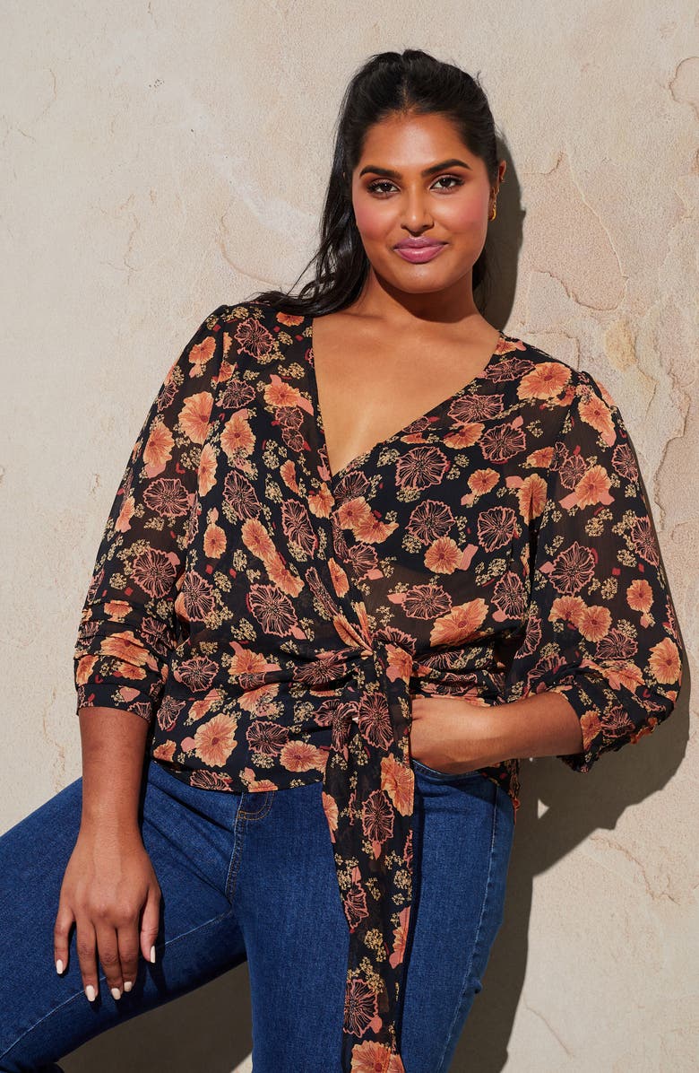 Estelle Golden Blooms Faux Wrap Blouse, Alternate, color, 