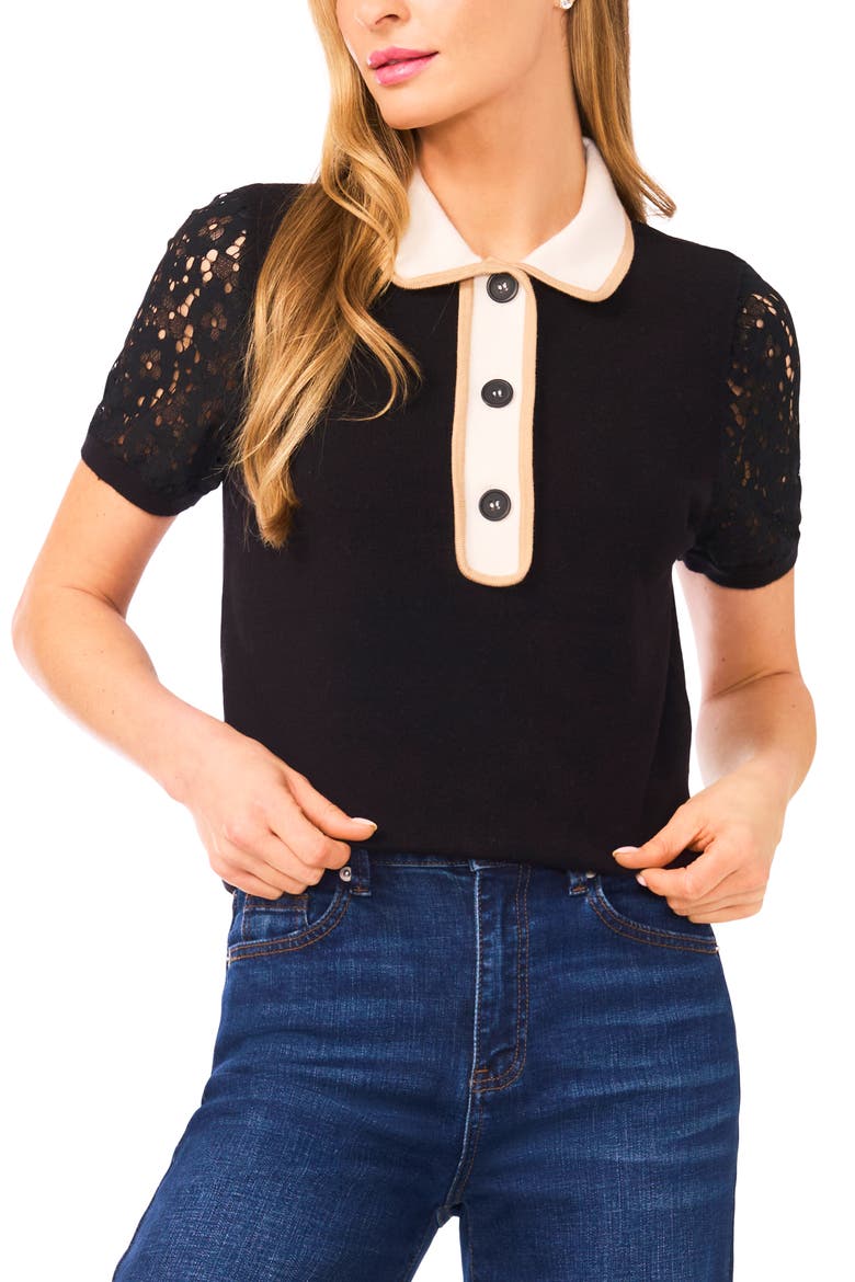 Lace Sleeve Polo Sweater (Women) | Nordstrom