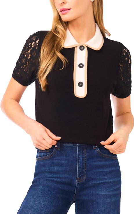 Lace Sleeve Polo Sweater