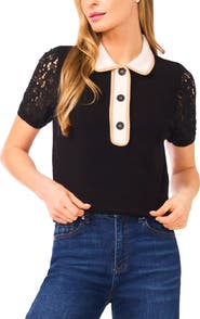 CeCe Lace Sleeve Polo Sweater