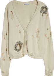 Area Distressed Crystal Cotton & Cashmere Cardigan