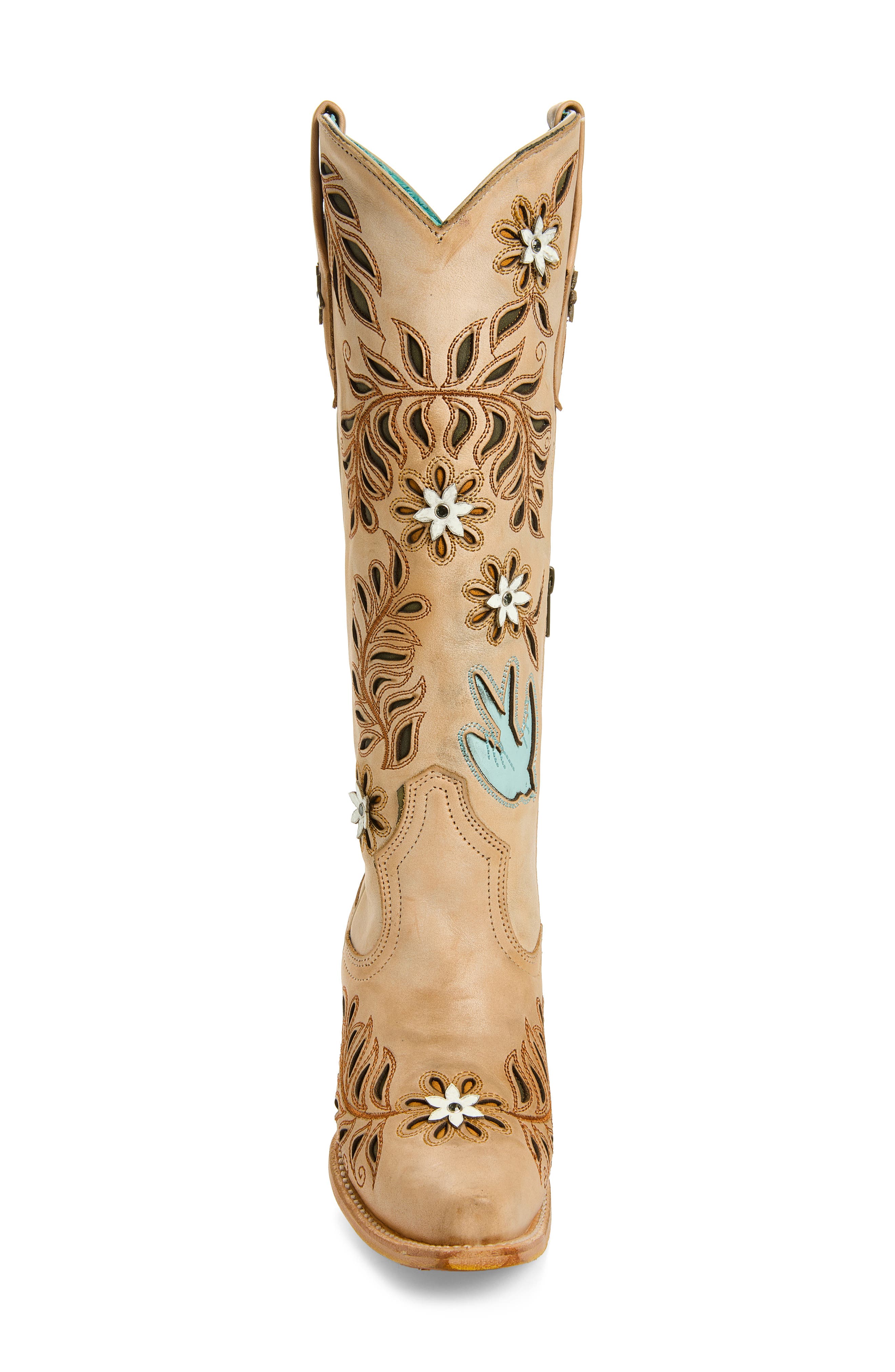 Flower & Bird Cutout Cowboy Boot, Alternate, color, STRAW