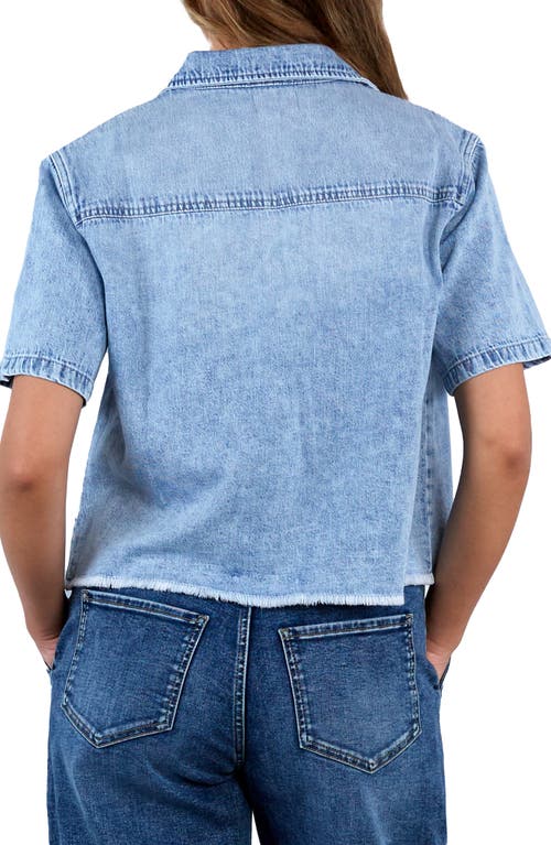 Hint Of Blu Emily Frayed Short Sleeve Denim Button-up Shirt In Morning Blue