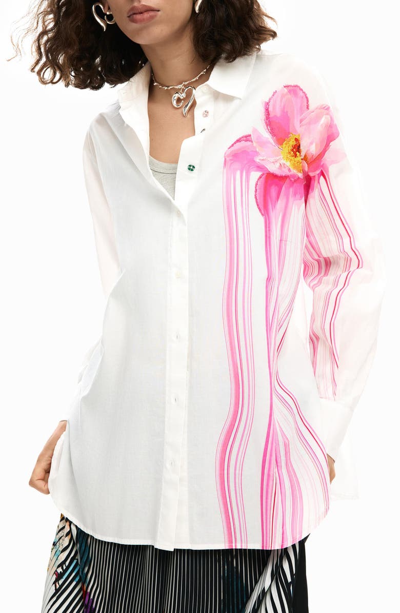 Desigual Asymmetric Print Woven Shirt, Main, color, White