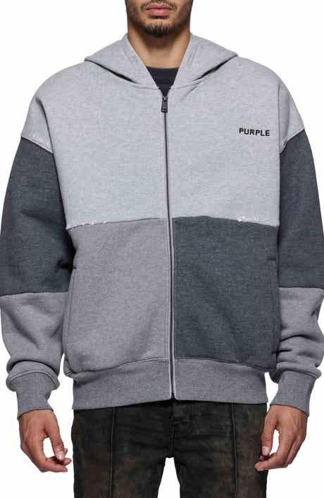 PURPLE BRAND Colorblock Distressed Cotton Zip-Up Hoodie