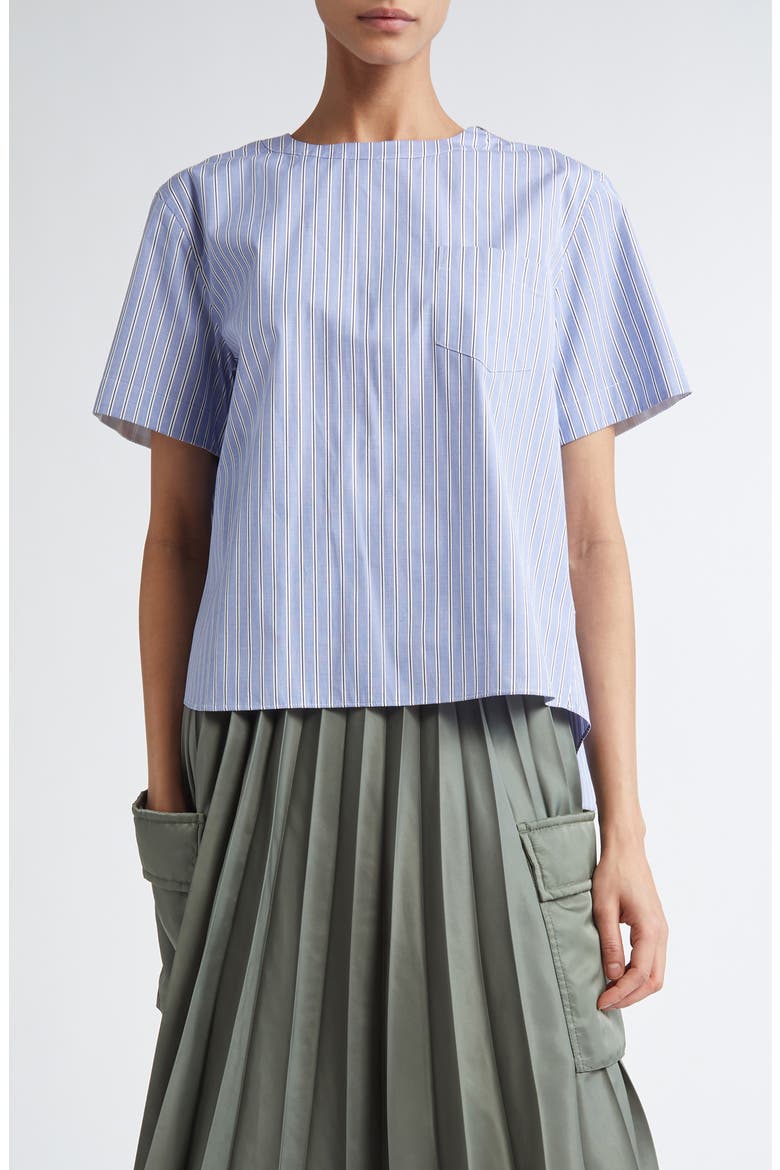 Mixed Media Poplin & Chiffon Top, Main, color, BLUE STRIPE 458