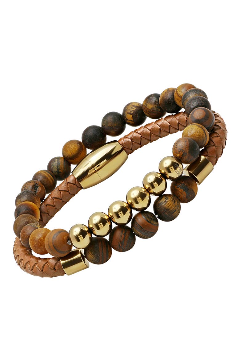 Men's 18K Gold Plated Stainless Steel Beaded Leather Bracelet Set, Alternate, color, BROWN
