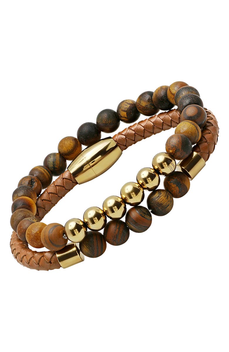 HMY JEWELRY Men's 18K Gold Plated Stainless Steel Beaded Leather Bracelet Set, Alternate, color, Brown