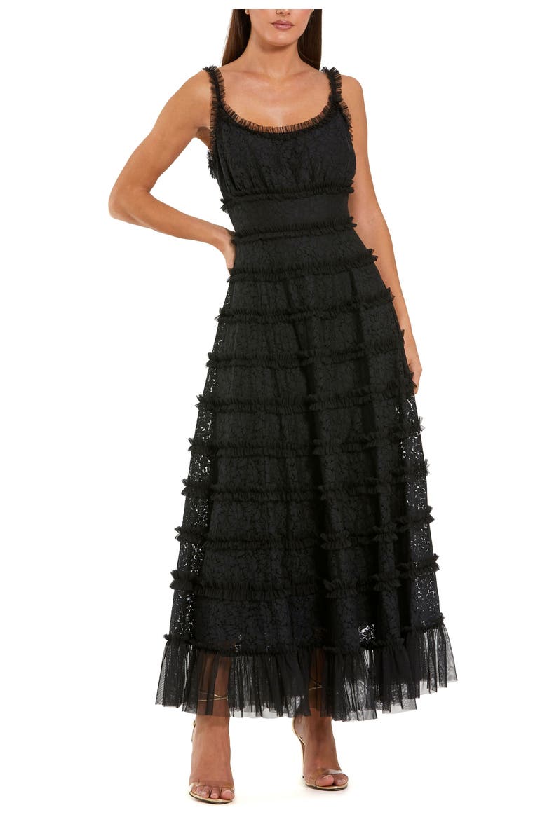 Mac Duggal Sleeveless Lace A-Line Midi Dress With Ruffles, Main, color, Black