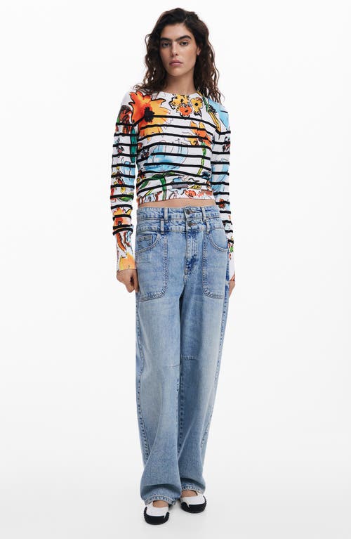Desigual Stripe Floral Sweater In White Multi