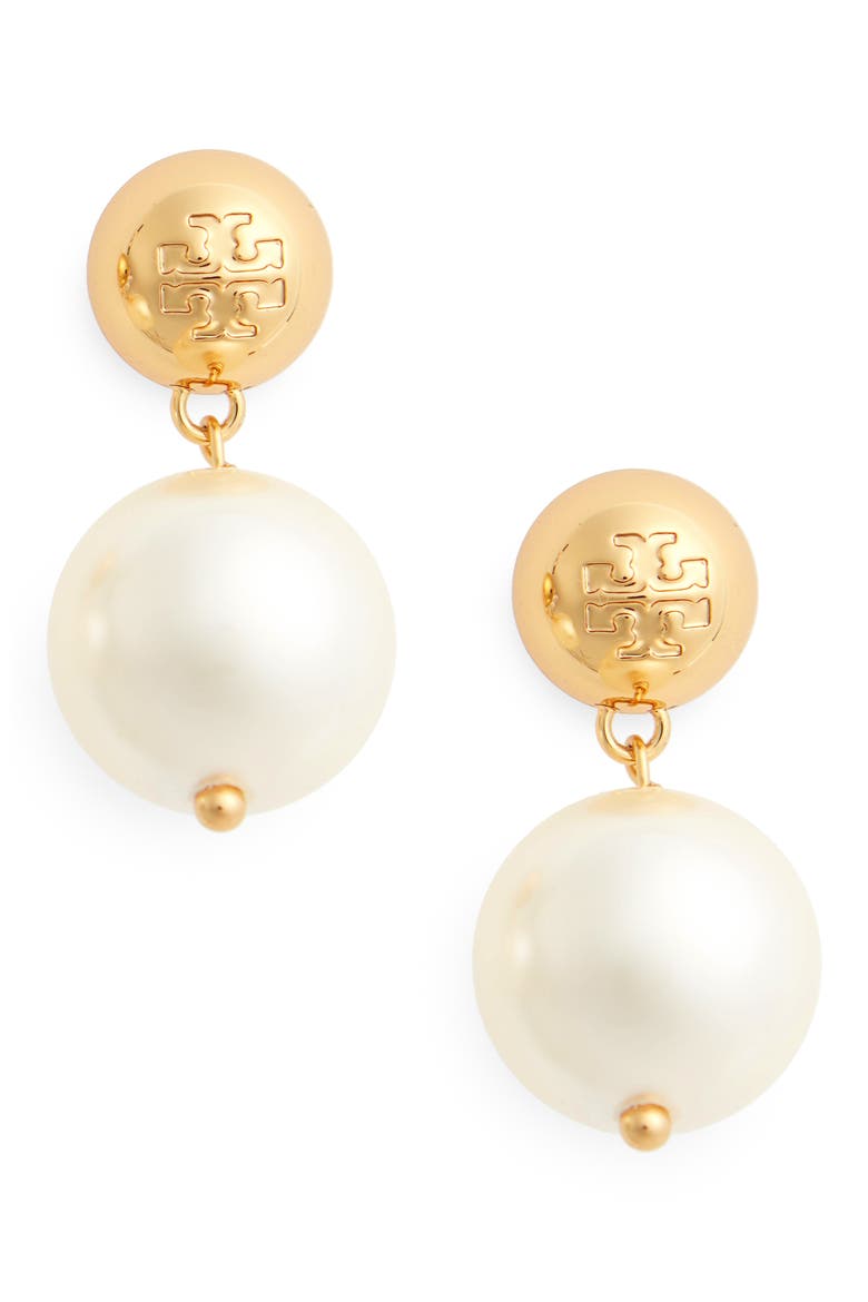 Logo Faux Pearl Drop Earrings, Main, color, TORY GOLD / PEARL