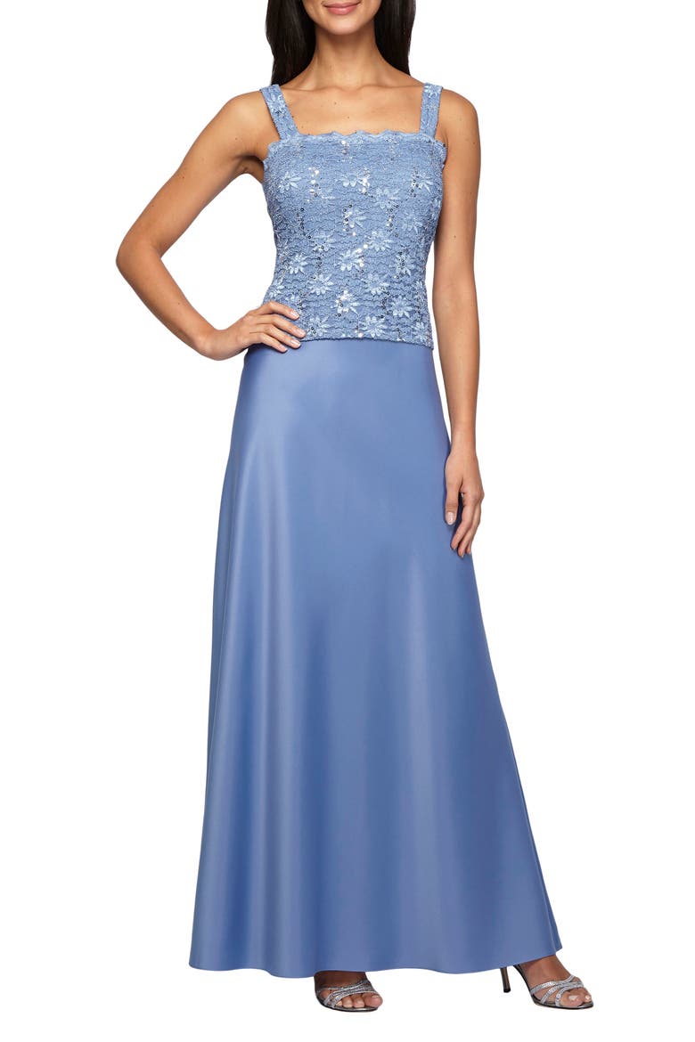 Sequin Lace & Satin Gown with Jacket, Main, color, ANTIQUE BLUE