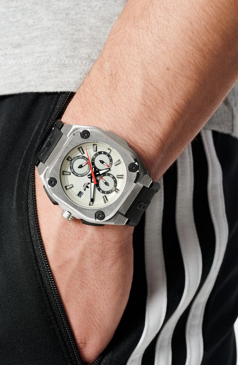 adidas City Tech Three Chronograph Resin Strap Watch, 45mm, Alternate, color, Black