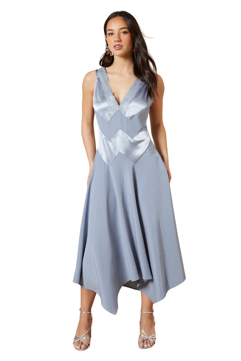 V-Neck Mesh Asymmetric Midi Dress, Main, color, Blue