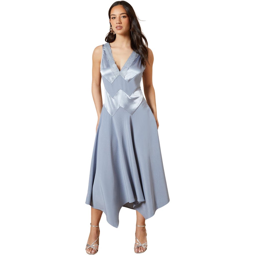 Oasis V-neck Mesh Asymmetric Midi Dress In Blue