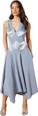 Oasis V-Neck Mesh Asymmetric Midi Dress