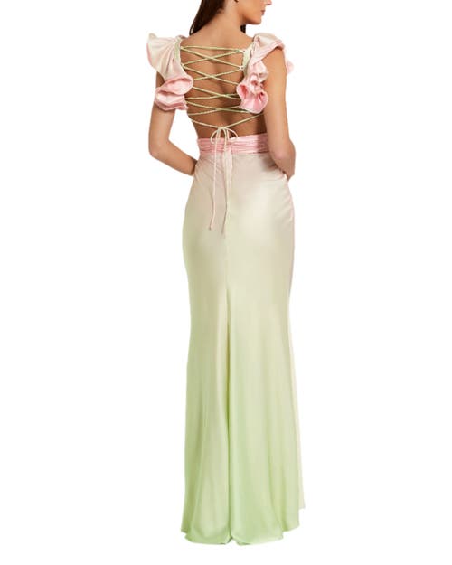 Mac Duggal Charmeuse Ombre Gown With Ruffle Straps And Crossover Bodice