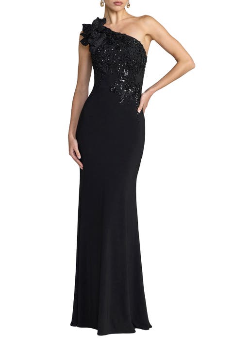 Embroidered Jersey One Shoulder Gown with 3D Flower