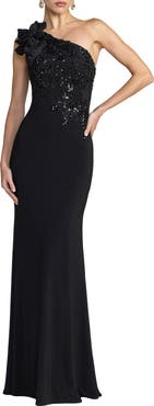 Mac Duggal Embroidered Jersey One Shoulder Gown with 3D Flower