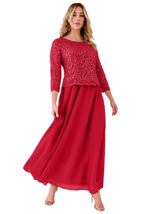 Plus Size Sequin Lace Three Quarter Sleeve A-Line Gown (Plus)