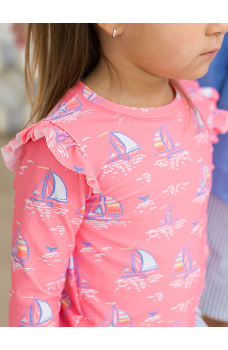 RuffleButts Baby/Toddler Girls UPF50+ Sun Protected Skirted Flutter Long Sleeve Rash Guard Bikini, Alternate, color, Pink Seas The Day